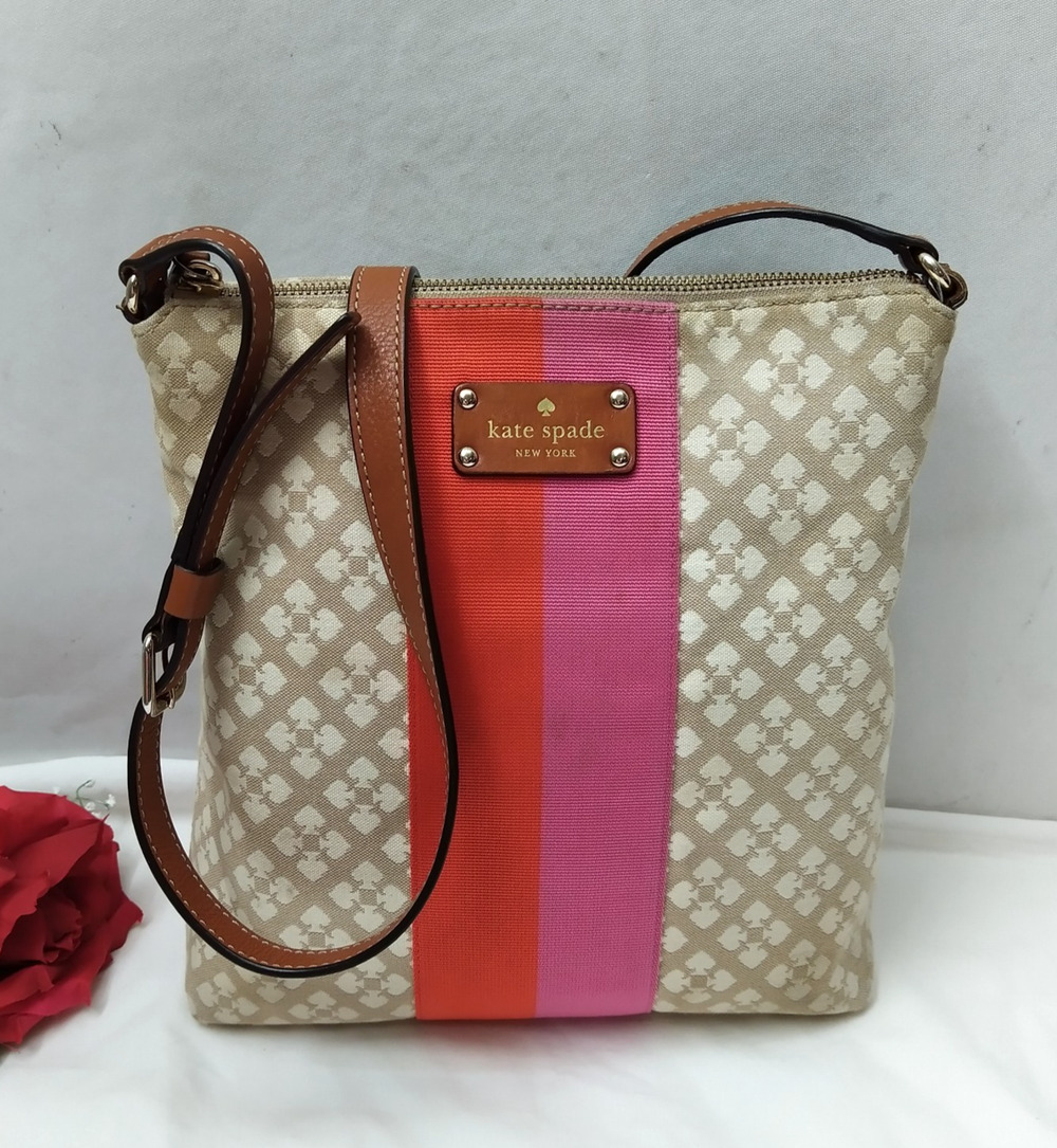 Kate Spade New York Beige Canvas Stripes Zipper Closure Crossbody Bag